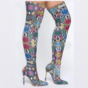 Colorful Snake Print Thigh-High Boots